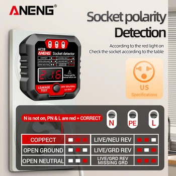 ANENG Tester utičnice, detektor napona, LCD zaslon, 250, provjera utičnice, automatski tester lanca, provjera polariteta napona