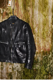 brand 2023, luksuzna pravi nova jakna od debelog дубленой crne talijanske kožuh Cidu.Luksuzno kvalitetan kaput od prave kože cool rider.
