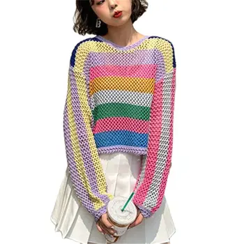 2023 Proljeće/Ljeto, Novi Rainbow slobodan pulover okruglog izreza, pletene kratki top s šuplja pruga, krema za top