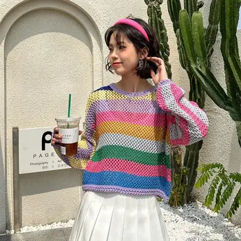 2023 Proljeće/Ljeto, Novi Rainbow slobodan pulover okruglog izreza, pletene kratki top s šuplja pruga, krema za top