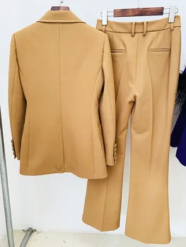 Ženski blazer, tamno smeđa odijela, jakna sa vezenim uzorkom, hlače spaljene, starinski šik elegantan komplet za poslovne ženske haljine, putovanja na posao