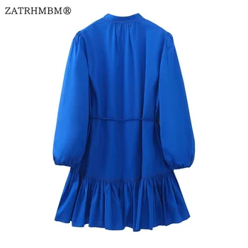 ZATRHMBM Donje 2023 Proljeće Modni Plavo Mini-Haljina čipka-up, Vintage Ženske Haljine na Zakopčane Dugi Rukav, Vestidos Mujer