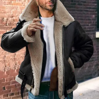 Muška kožna jakna s ovratnikom-лацканом od umjetnog krzna i dugih rukava, Утепленное kaput u Vintage Stilu, Kašmir jaknu od janjeće kože, zimski kaput